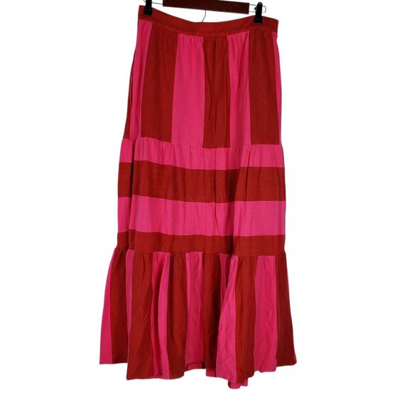 MDS Stripes Knit Tiered Button Front Maxi Skirt Size 2/M Pink Red Cotton Pockets - Picture 3 of 14